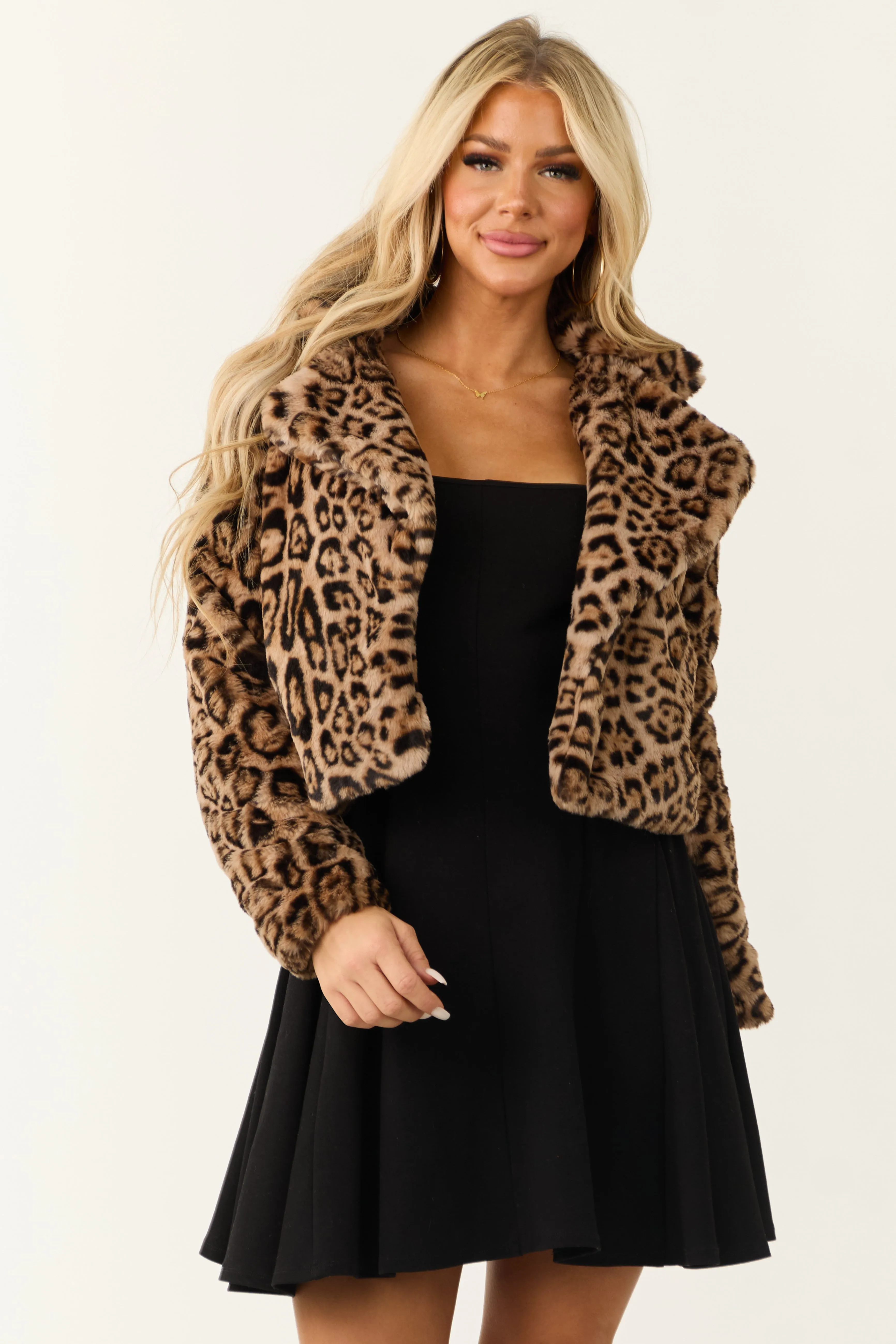 Camel Leopard Print Faux Fur Open Front Jacket sold by Lime Lush