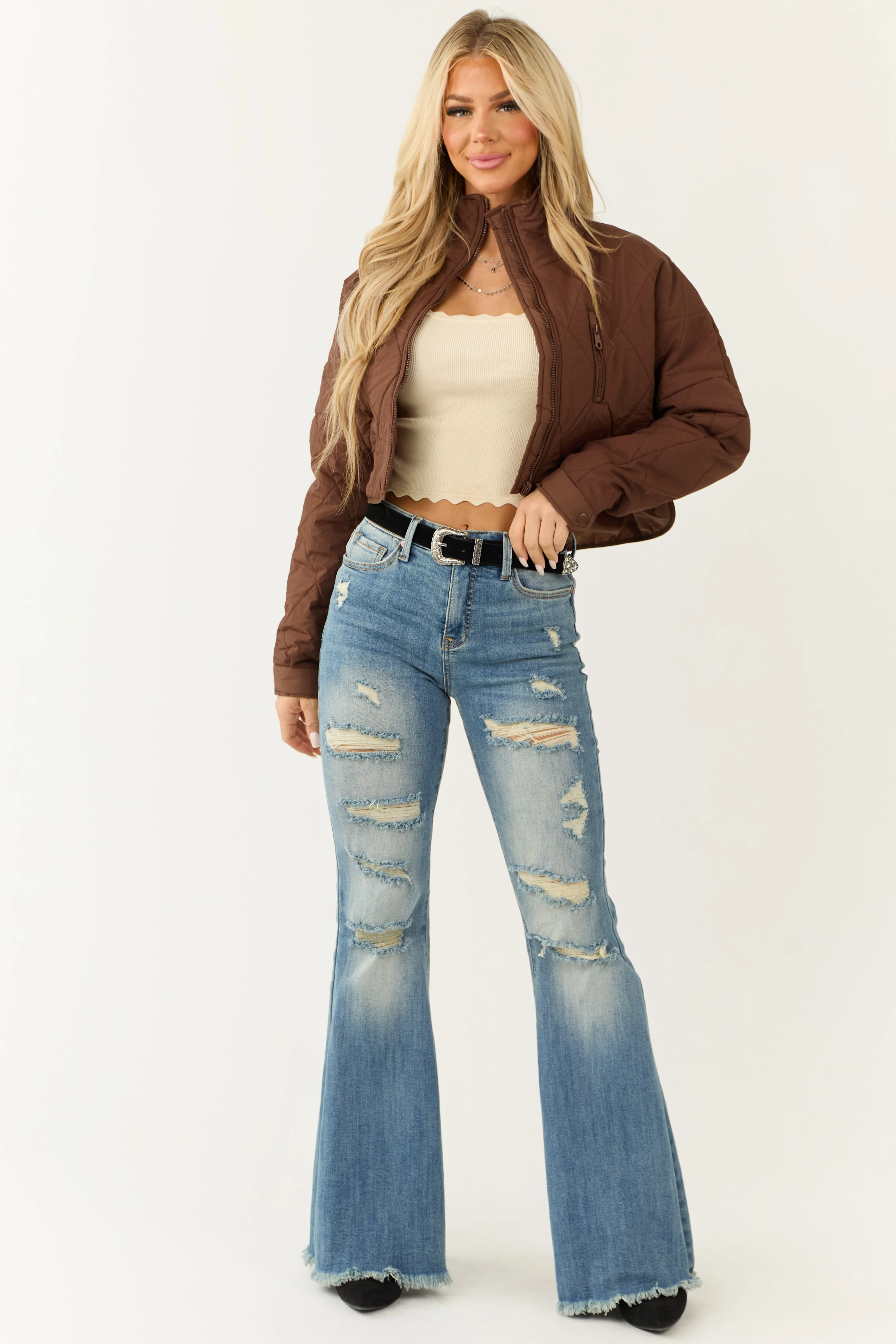 Sepia Zip Up Quilted Puffer Cropped Jacket sold by Lime Lush product image thumbnail 2