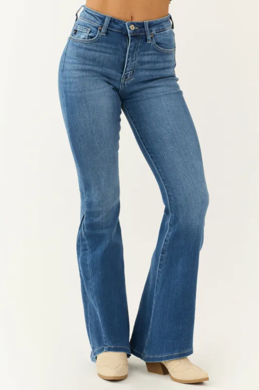 KanCan Medium Wash Angled Hem Flare Leg Jeans sold by Lime Lush