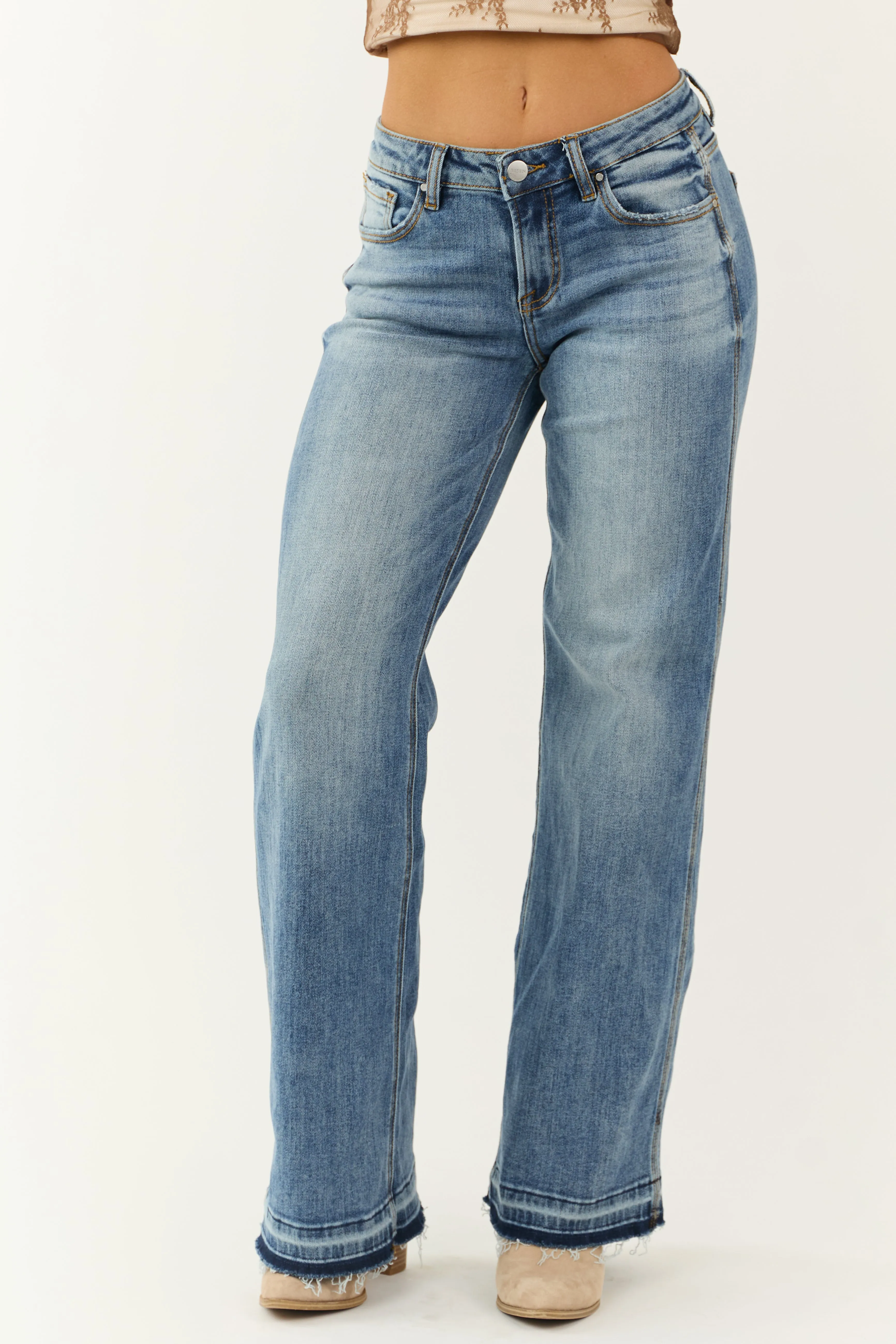 Risen Medium Wash Wide Leg Released Hem Jeans sold by Lime Lush