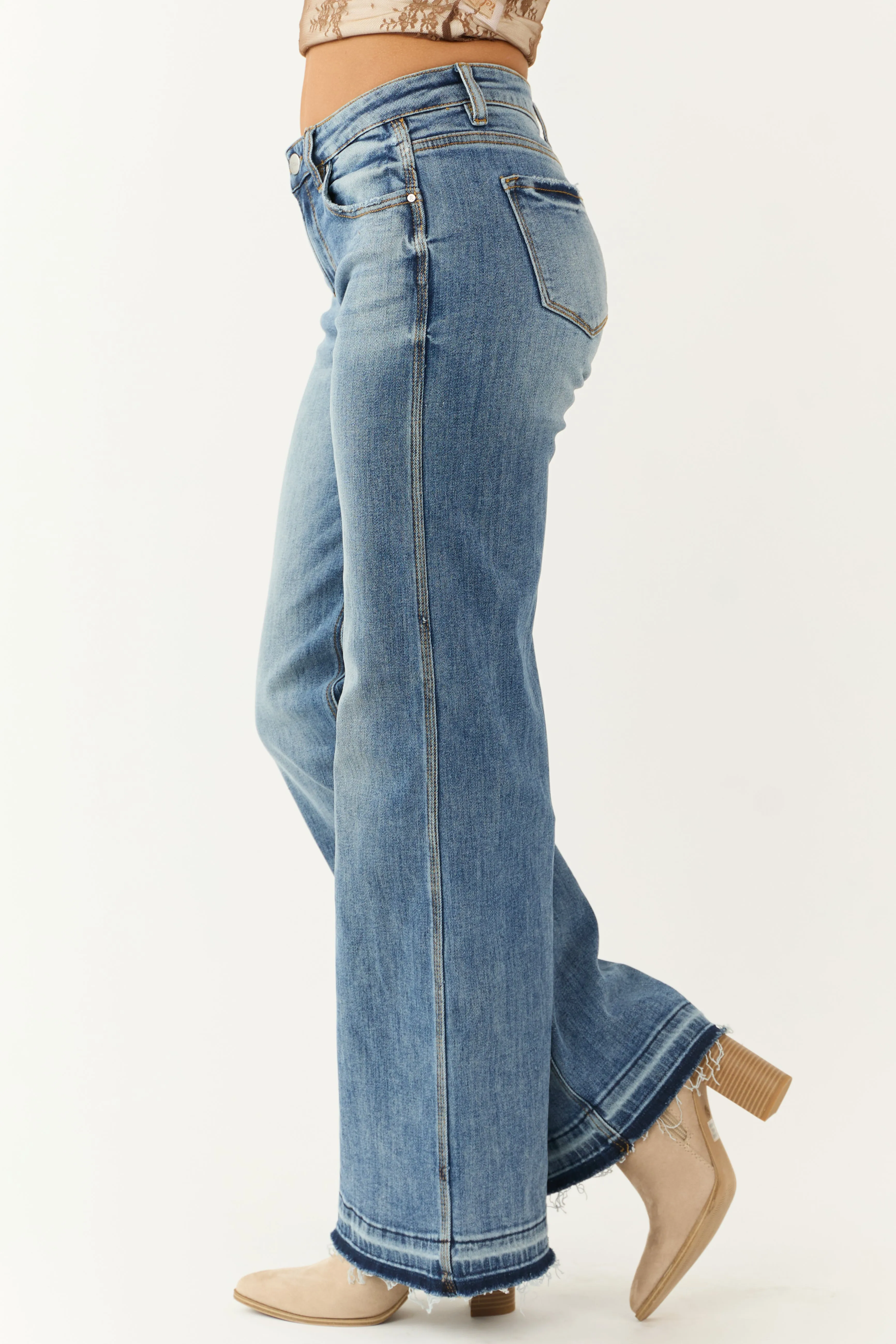 Risen Medium Wash Wide Leg Released Hem Jeans sold by Lime Lush product image thumbnail 3