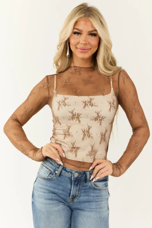 Sepia Floral Lace Sheer Long Sleeve Mock Neck Top sold by Lime Lush