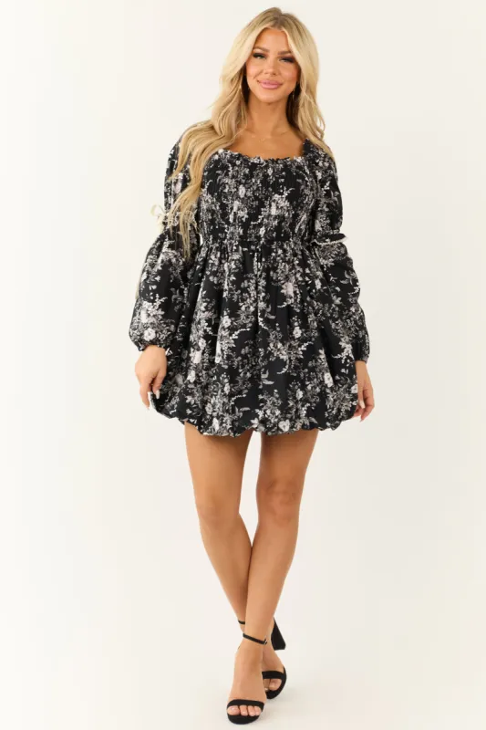 Black Floral Print Square Neck Smocked Mini Dress sold by Lime Lush