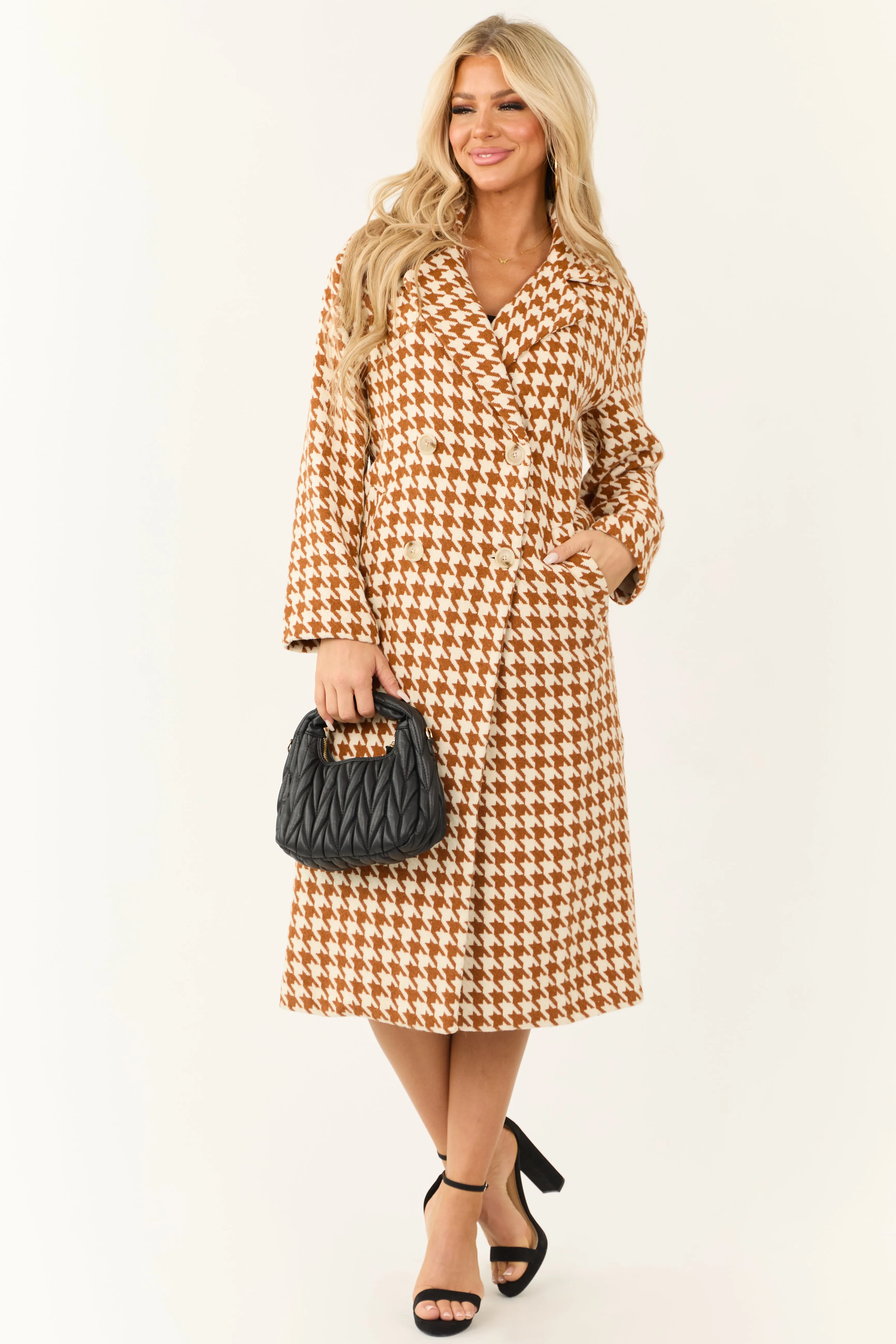 Ivory and Caramel Houndstooth Pattern Trench Coat sold by Lime Lush product image thumbnail 4