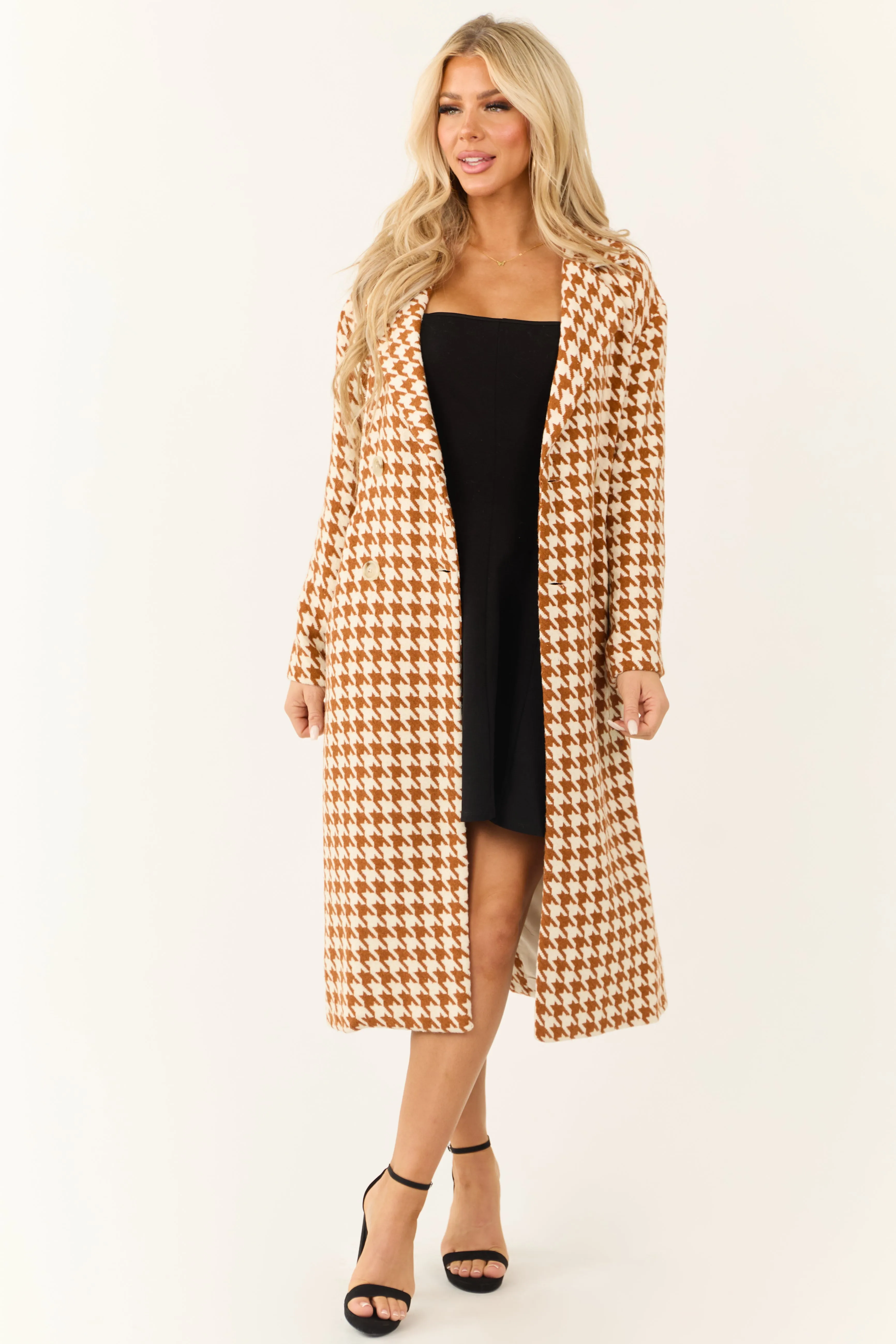 Ivory and Caramel Houndstooth Pattern Trench Coat sold by Lime Lush product image thumbnail 2
