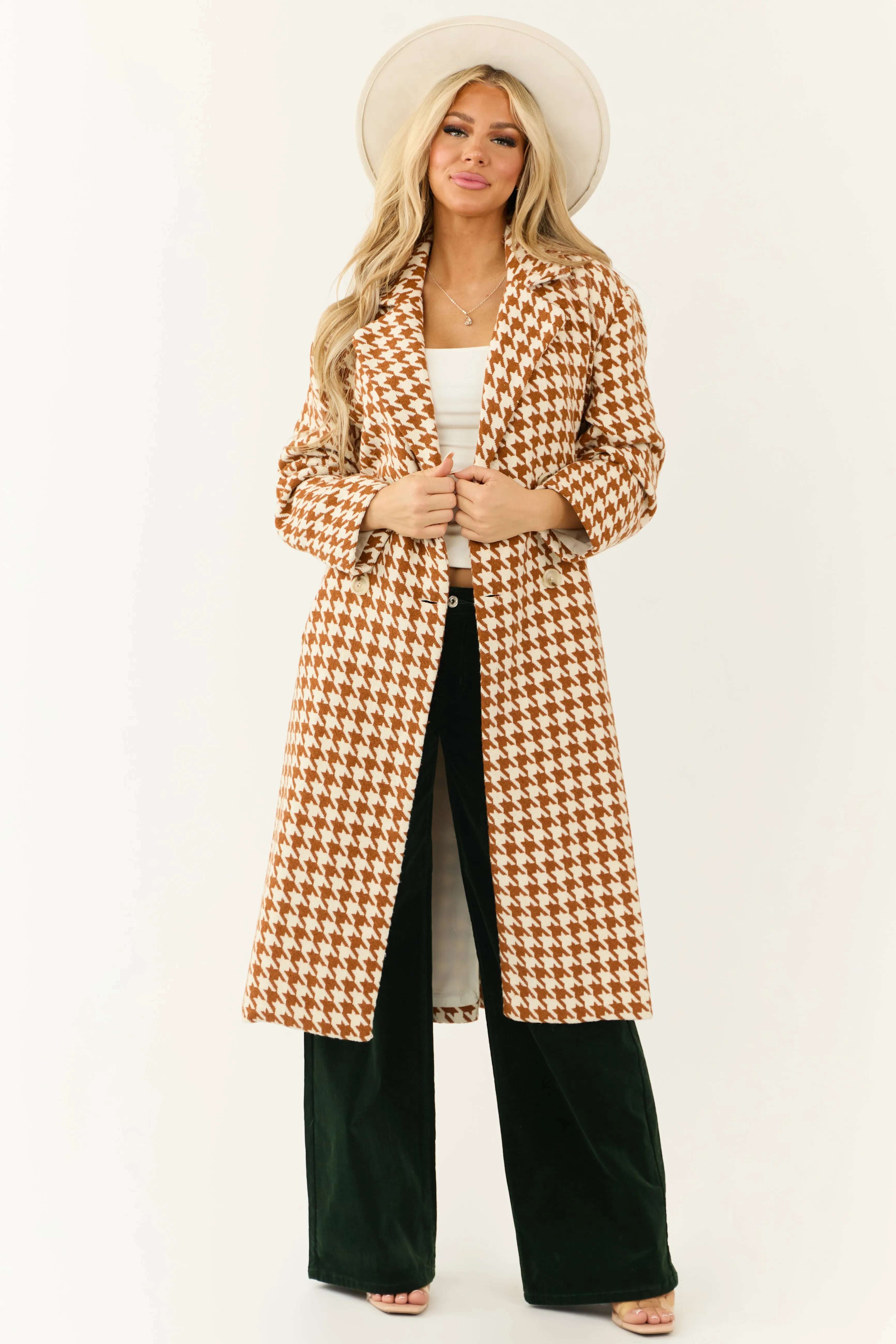 Ivory and Caramel Houndstooth Pattern Trench Coat sold by Lime Lush product image thumbnail 5