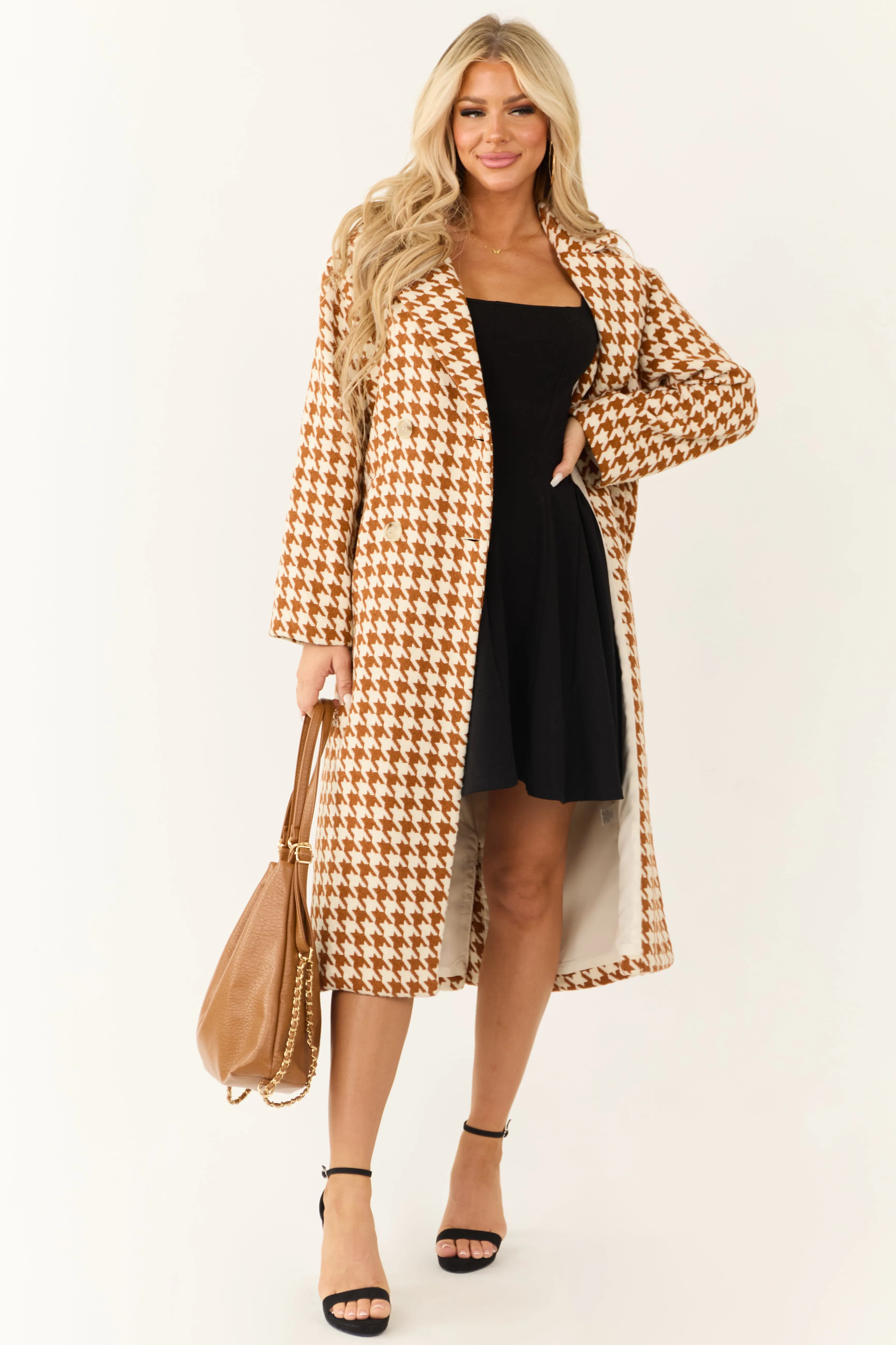 Ivory and Caramel Houndstooth Pattern Trench Coat sold by Lime Lush