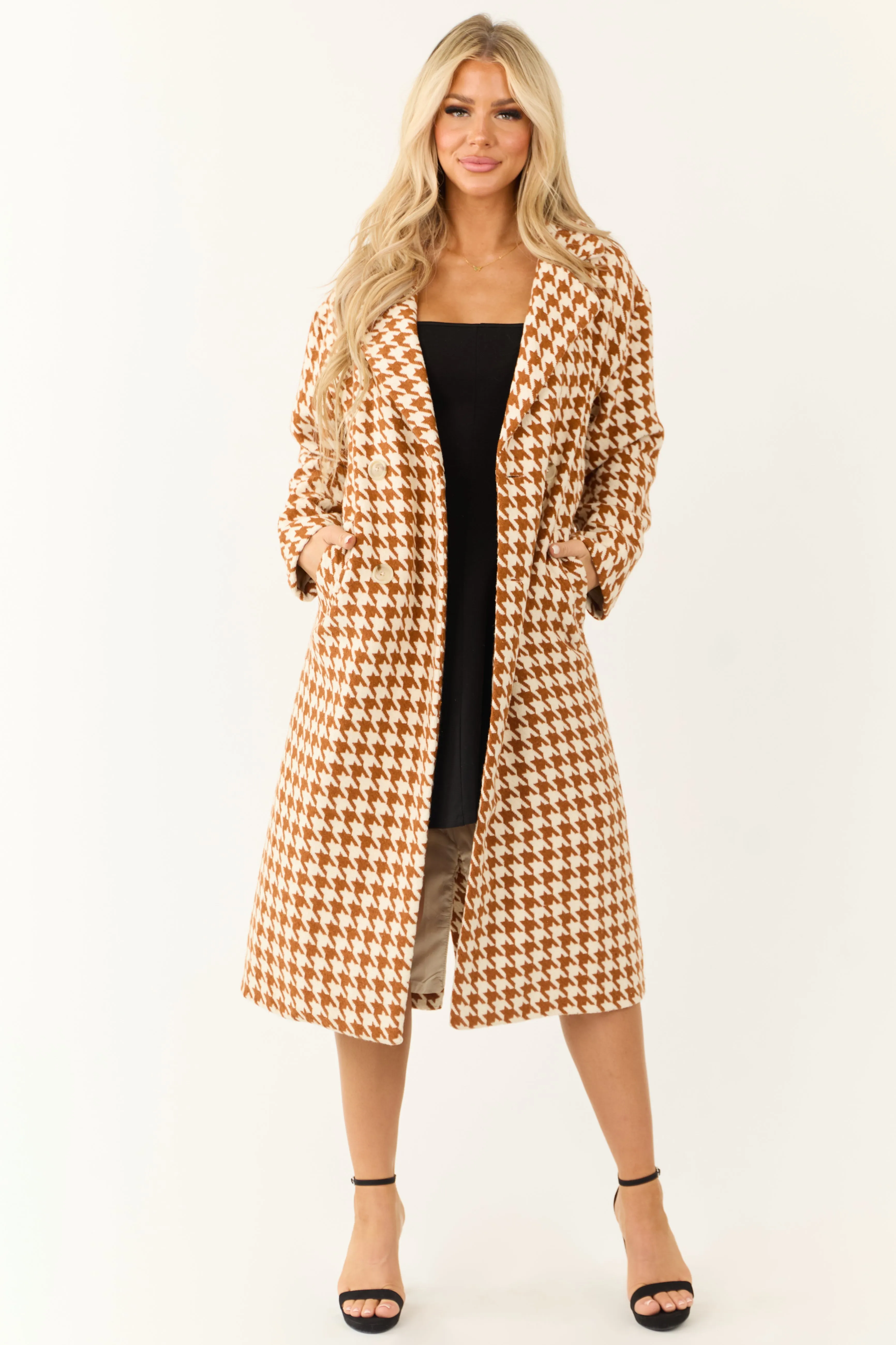 Ivory and Caramel Houndstooth Pattern Trench Coat sold by Lime Lush product image thumbnail 3