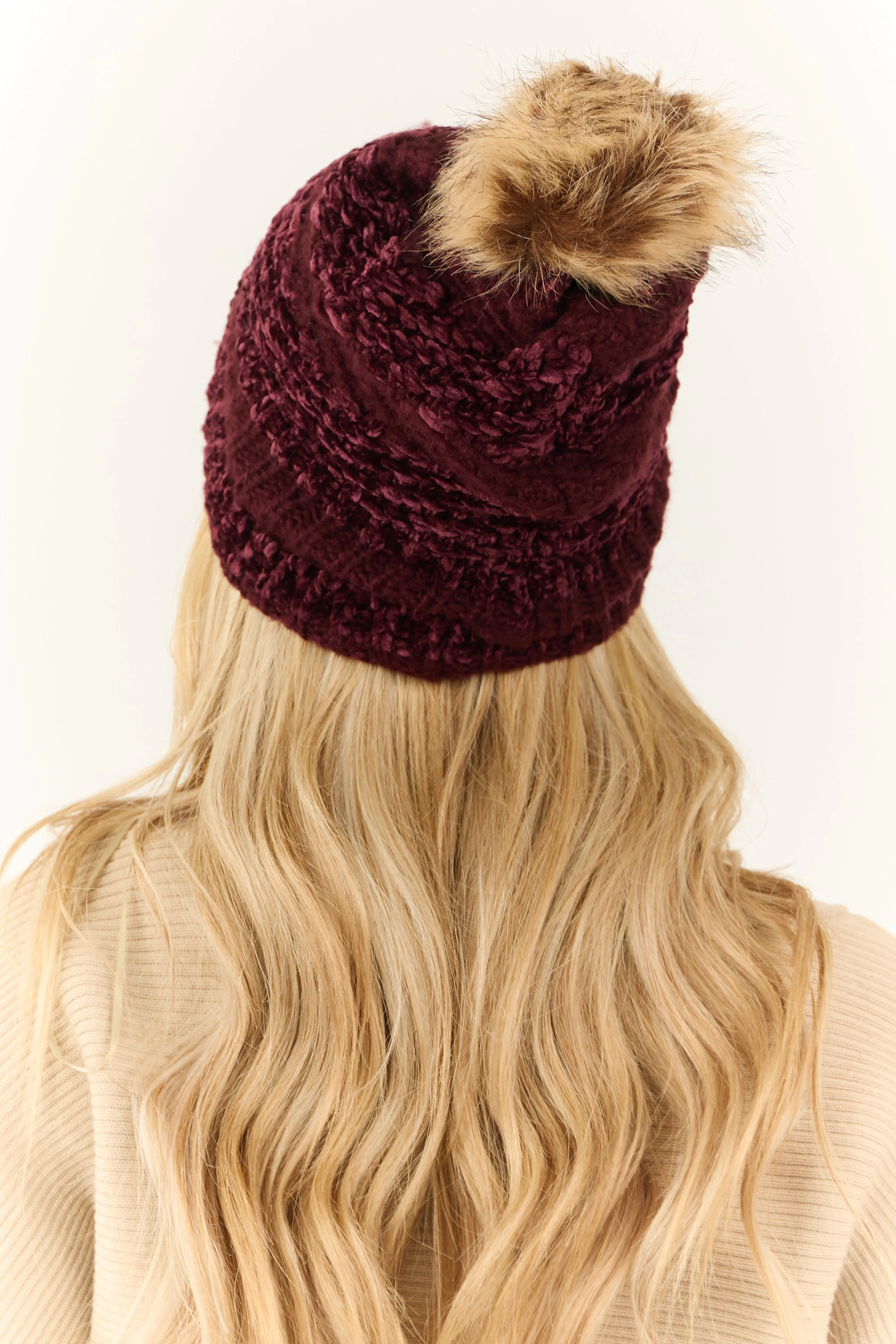 Wine Striped Chenille Knit Pom Pom Beanie sold by Lime Lush product image thumbnail 3