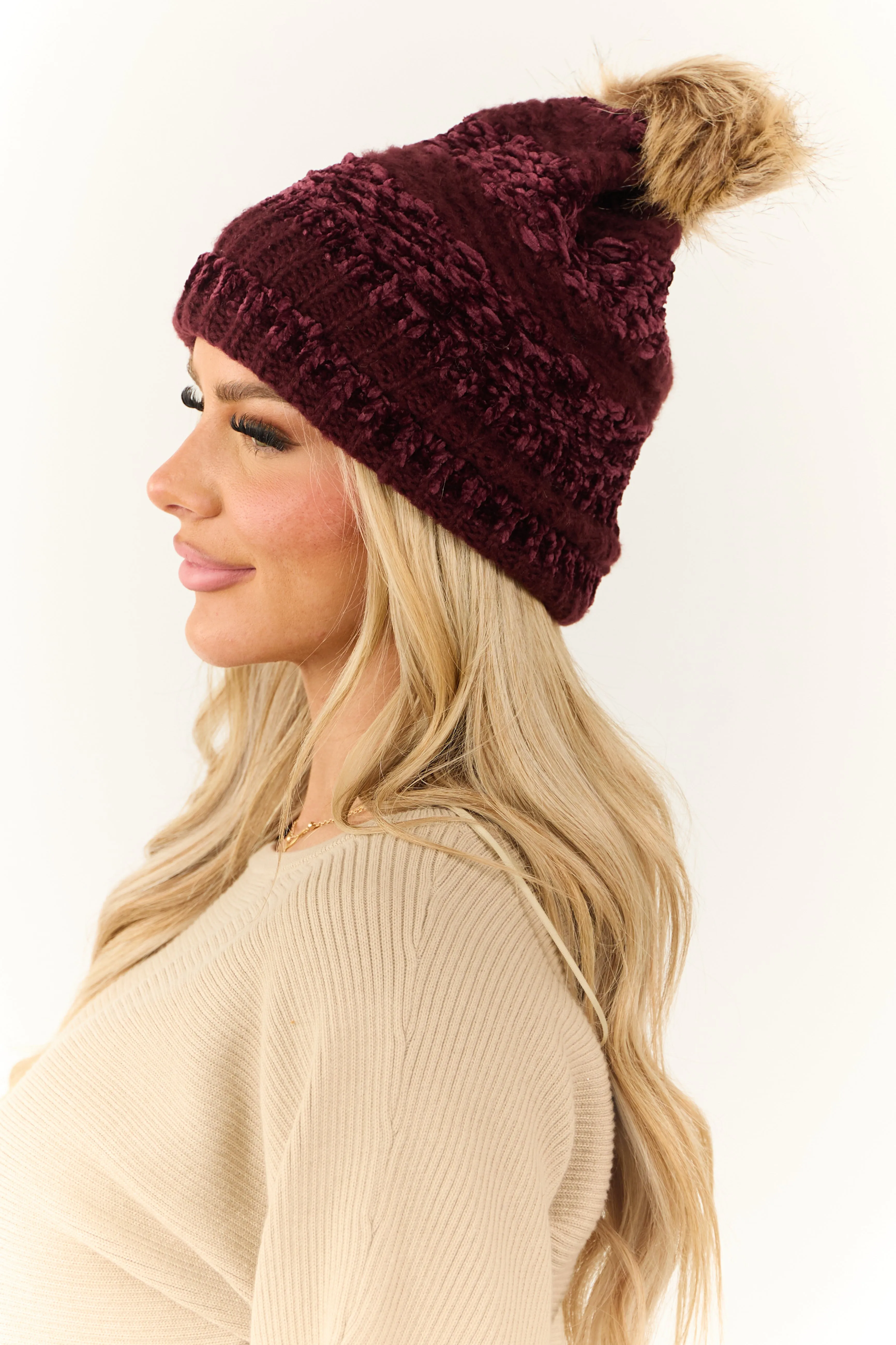 Wine Striped Chenille Knit Pom Pom Beanie sold by Lime Lush product image thumbnail 2