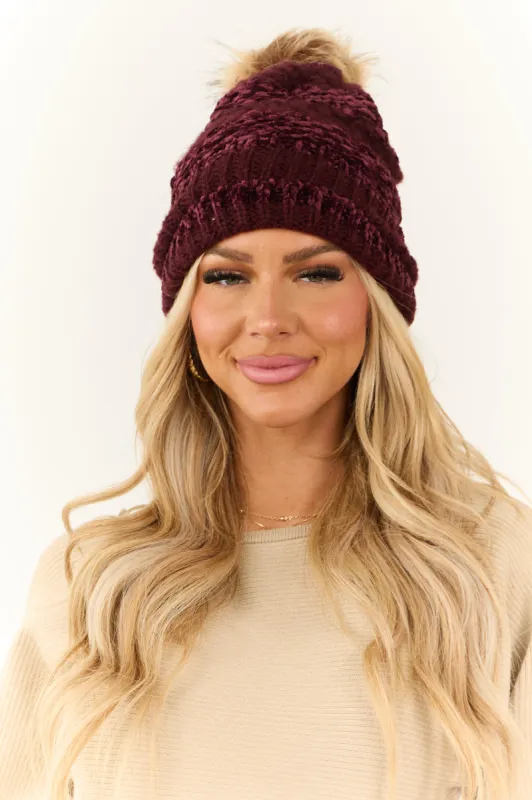 Wine Striped Chenille Knit Pom Pom Beanie sold by Lime Lush