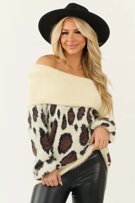 Cream Fuzzy Leopard Off the Shoulder Sweater sold by Lime Lush