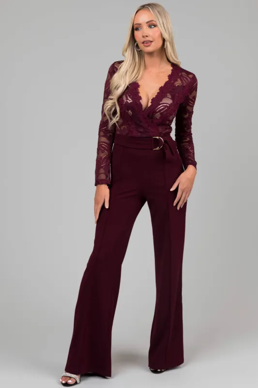 Wine Deep V Lace Belted Jumpsuit sold by Lime Lush