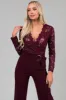Wine Deep V Lace Belted Jumpsuit sold by Lime Lush