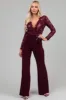 Wine Deep V Lace Belted Jumpsuit sold by Lime Lush