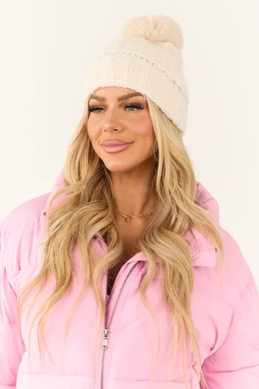 Vanilla Chunky Knit Faux Fur Pom Pom Beanie sold by Lime Lush