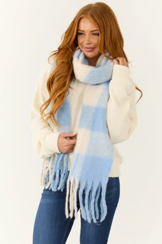 Cornflower Buffalo Plaid Fuzzy Fringe Scarf sold by Lime Lush