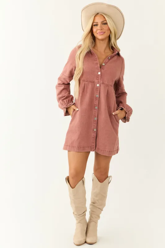 Dusty Rose Denim Button Down Shirt Short Dress sold by Lime Lush