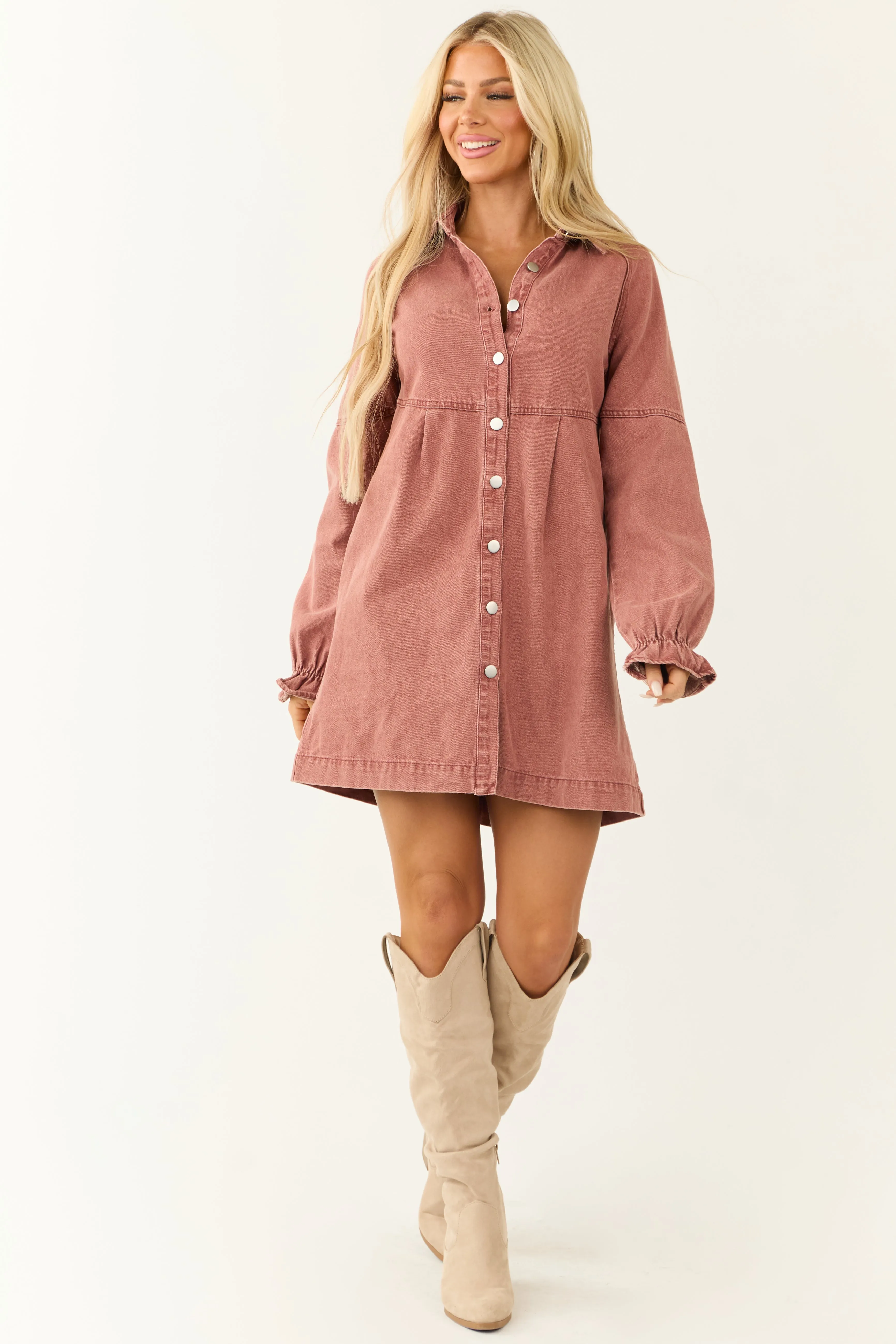 Dusty Rose Denim Button Down Shirt Short Dress sold by Lime Lush product image thumbnail 3