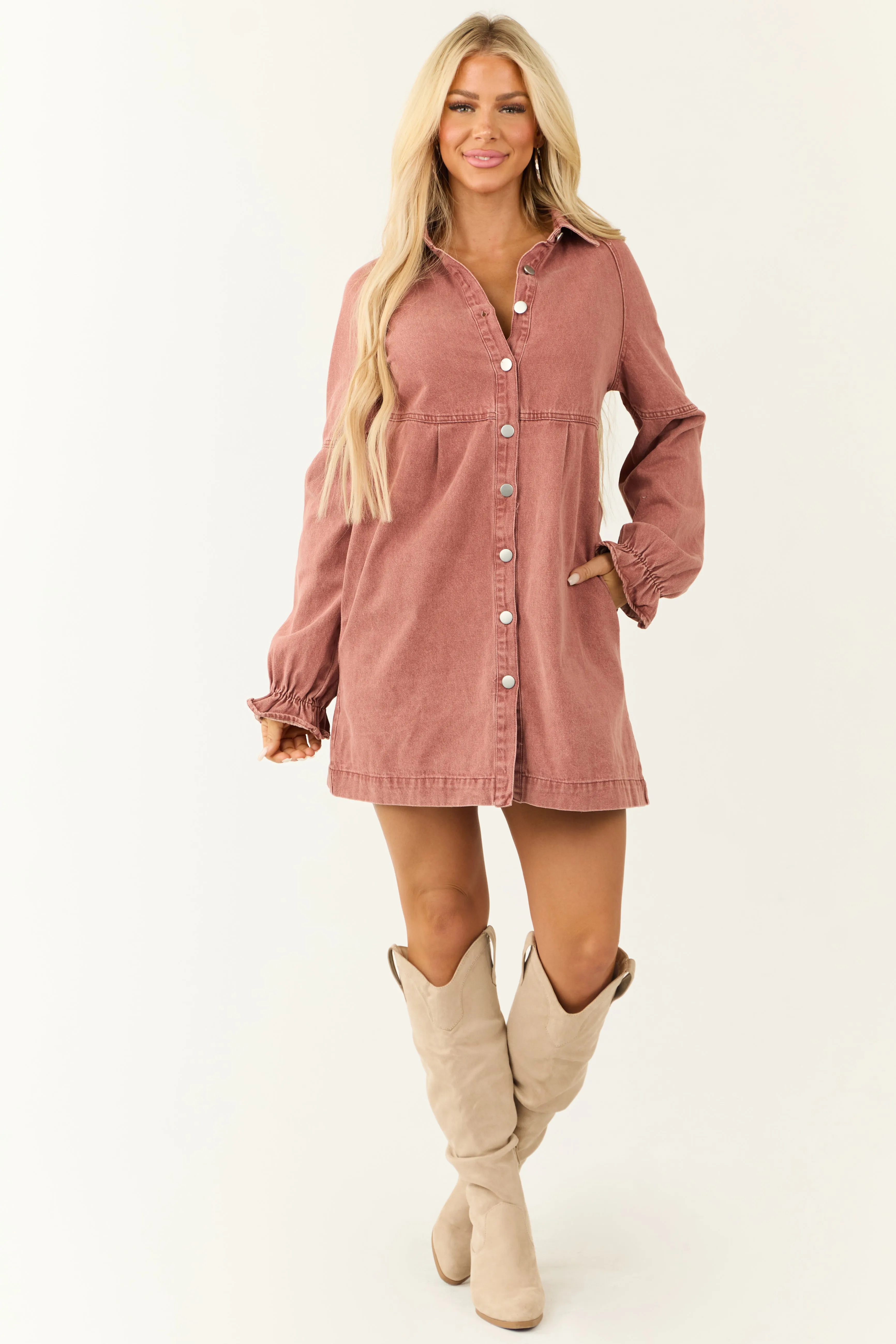 Dusty Rose Denim Button Down Shirt Short Dress sold by Lime Lush product image thumbnail 4