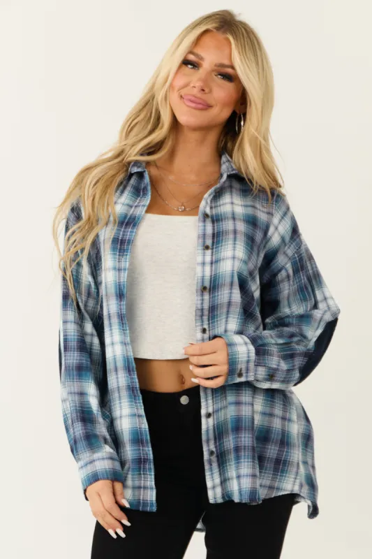 Sea Blue Plaid Button Down Elbow Patch Tops made by Angie