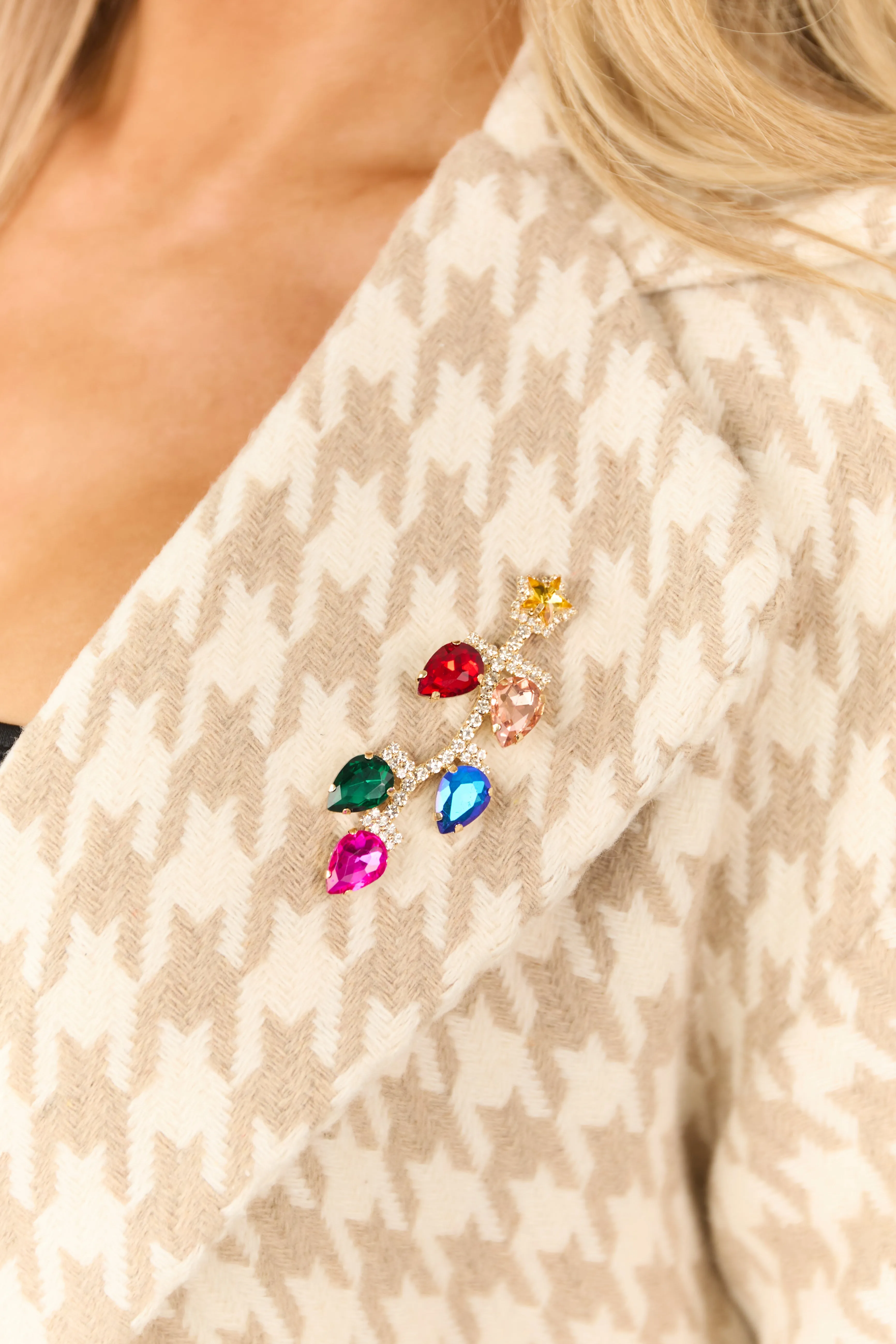 Gold Multicolor Christmas Light Gemstone Brooch Pin sold by Lime Lush product image thumbnail 3