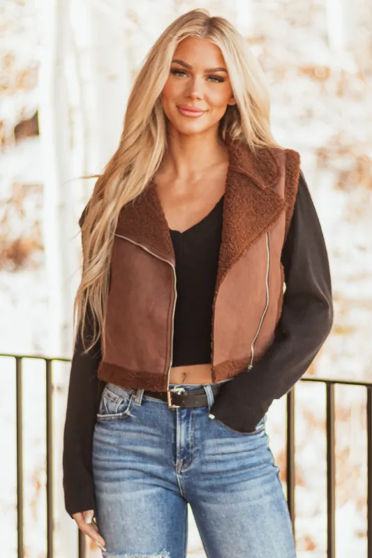 Sepia Faux Suede Sherpa Lined Zip Up Vest sold by Lime Lush