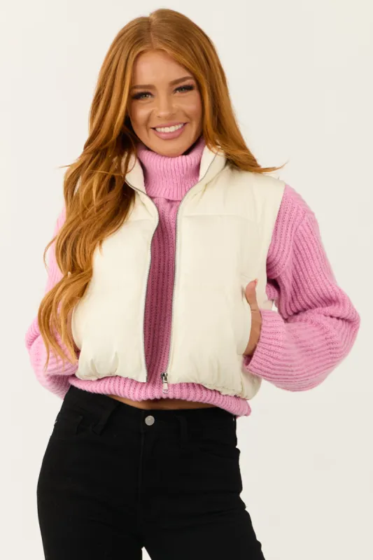 Cream Cropped Zip Up Padded Puffer Vest with Tie sold by Lime Lush