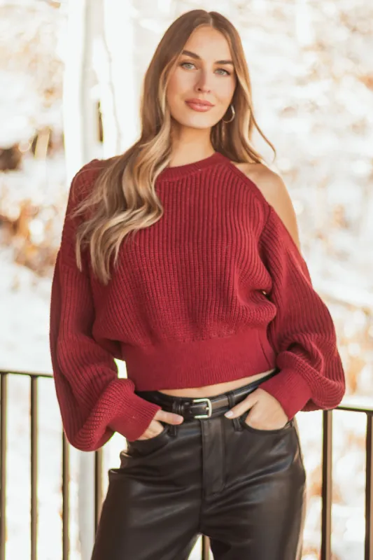 Burgundy Single Cold Shoulder Cropped Sweater sold by Lime Lush