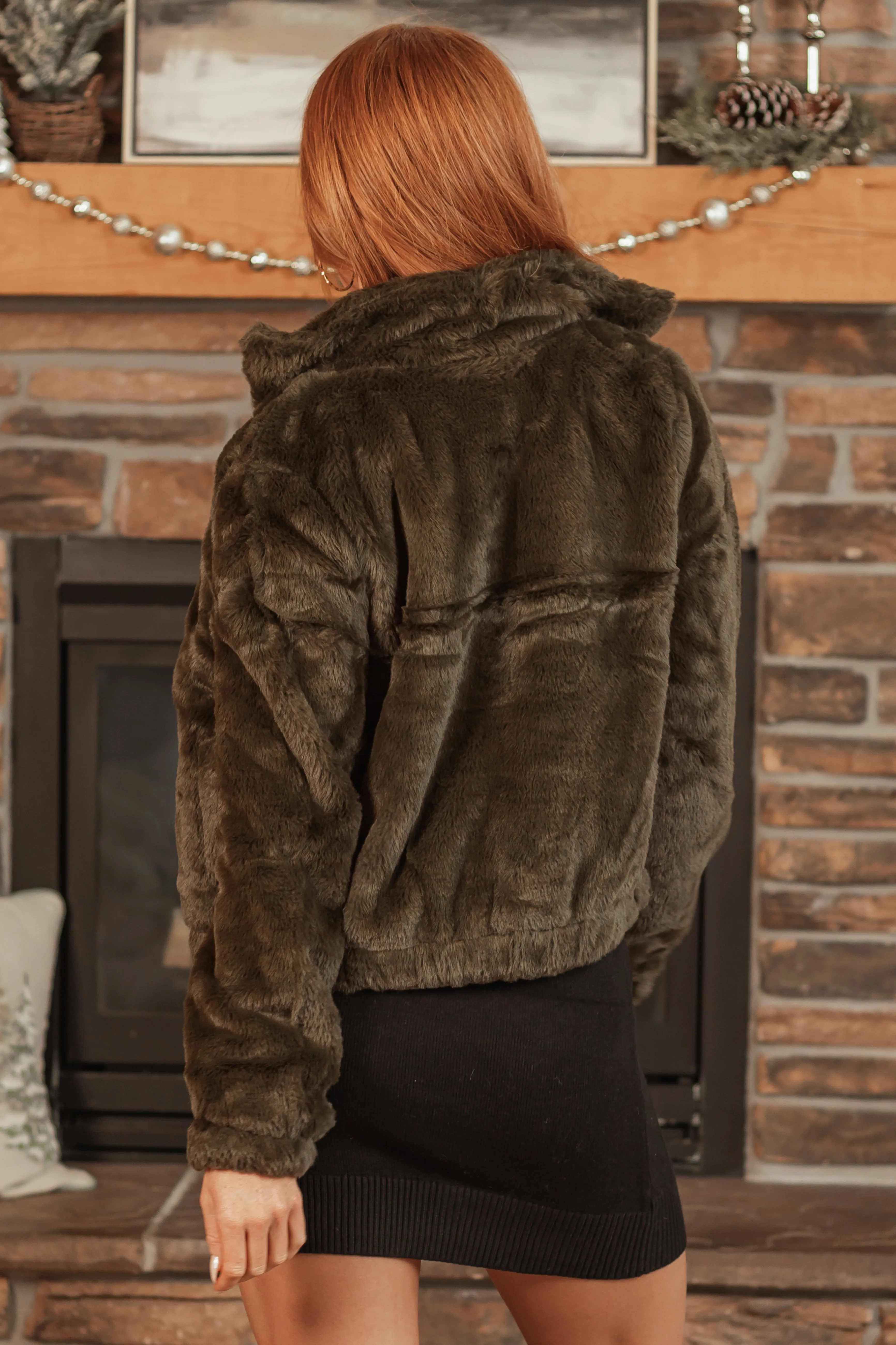 Dark Army Green Faux Fur Zip Up Jacket sold by Lime Lush product image thumbnail 5