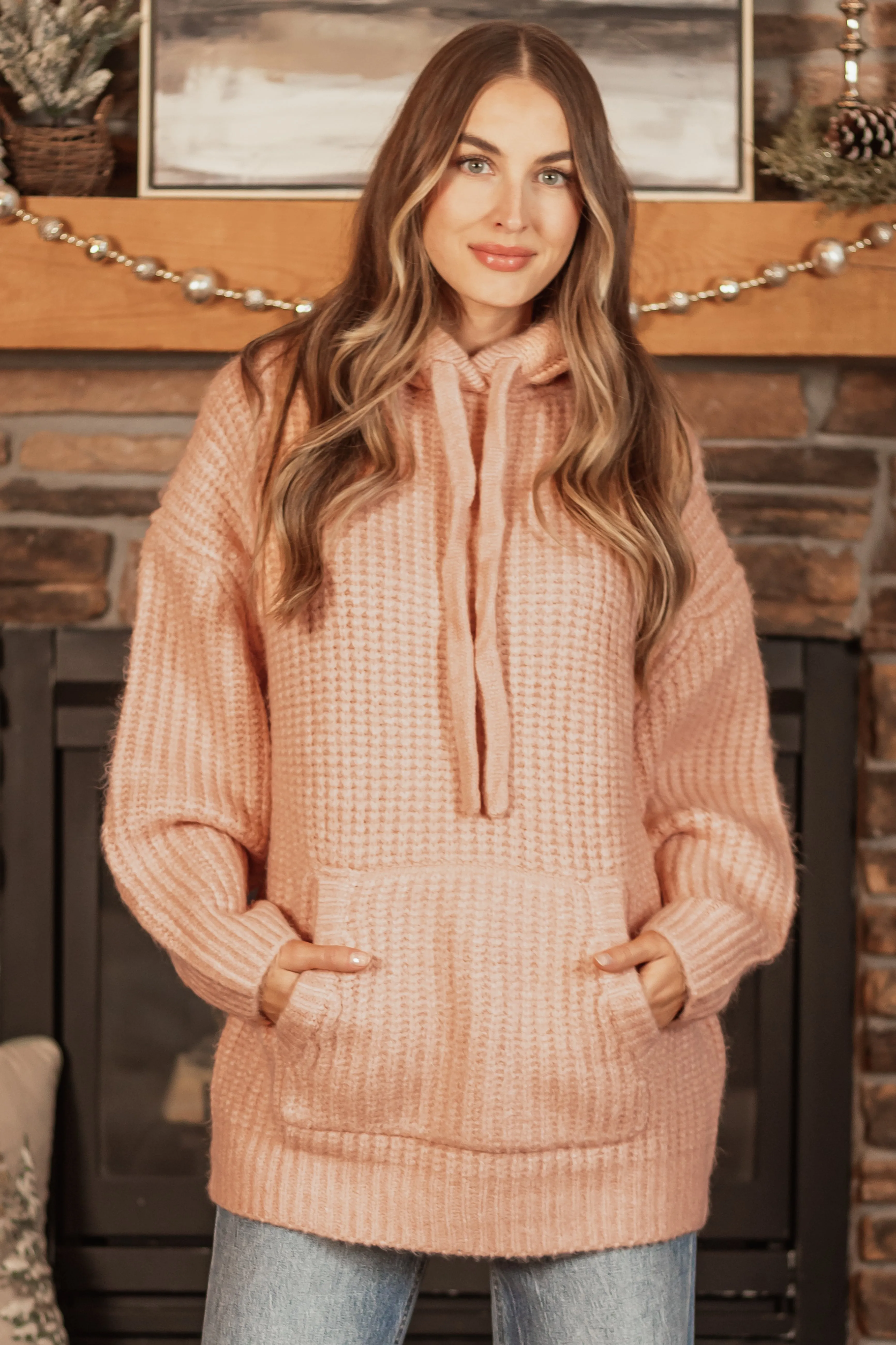 Peach Chunky Soft Knit Oversized Hoodie sold by Lime Lush