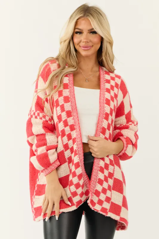 Crimson and Cream Checkered Open Front Cardigan sold by Lime Lush