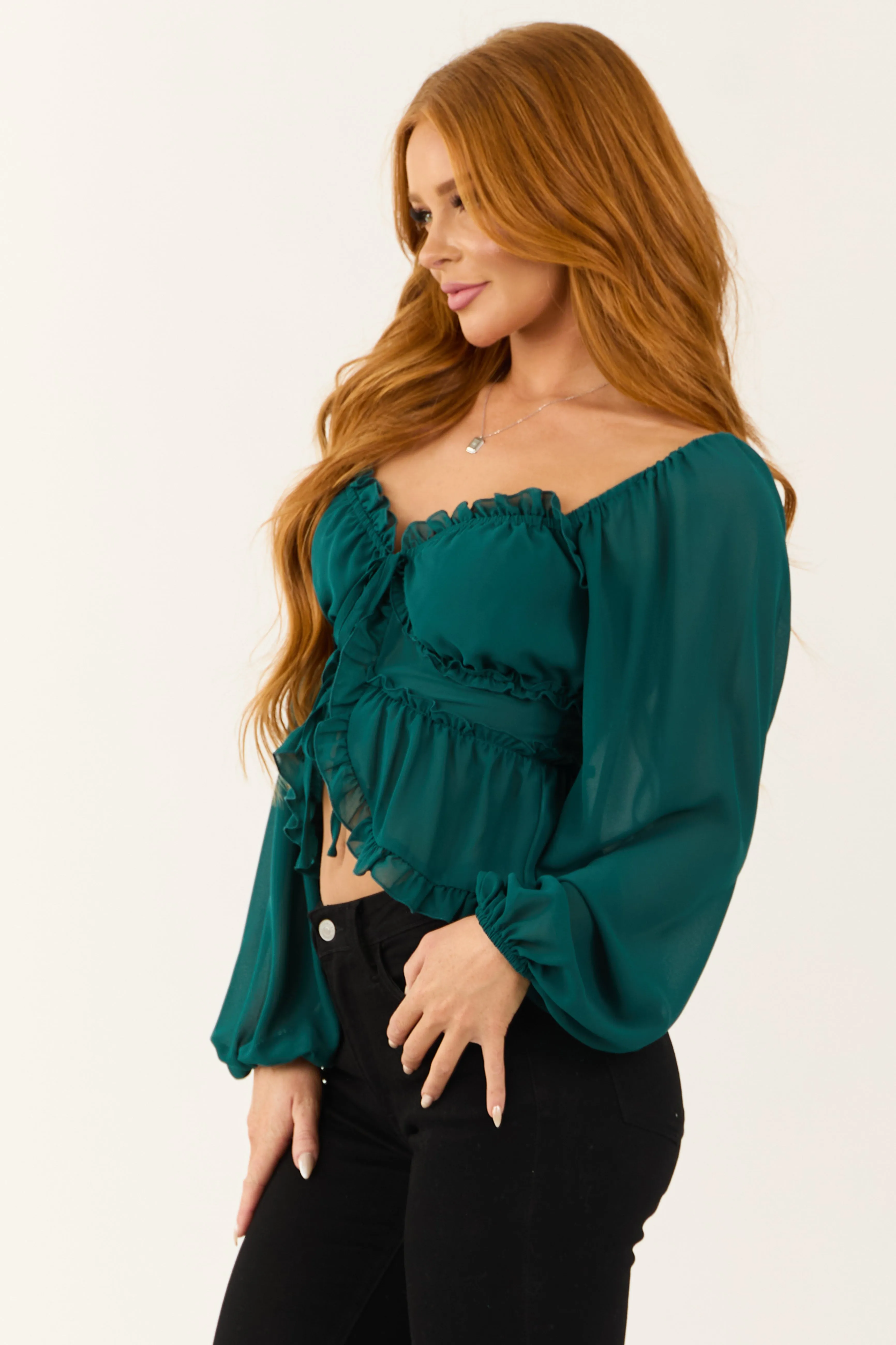 Pine Front Tie Long Bubble Sleeve Frill Trim Blouse sold by Lime Lush product image thumbnail 4