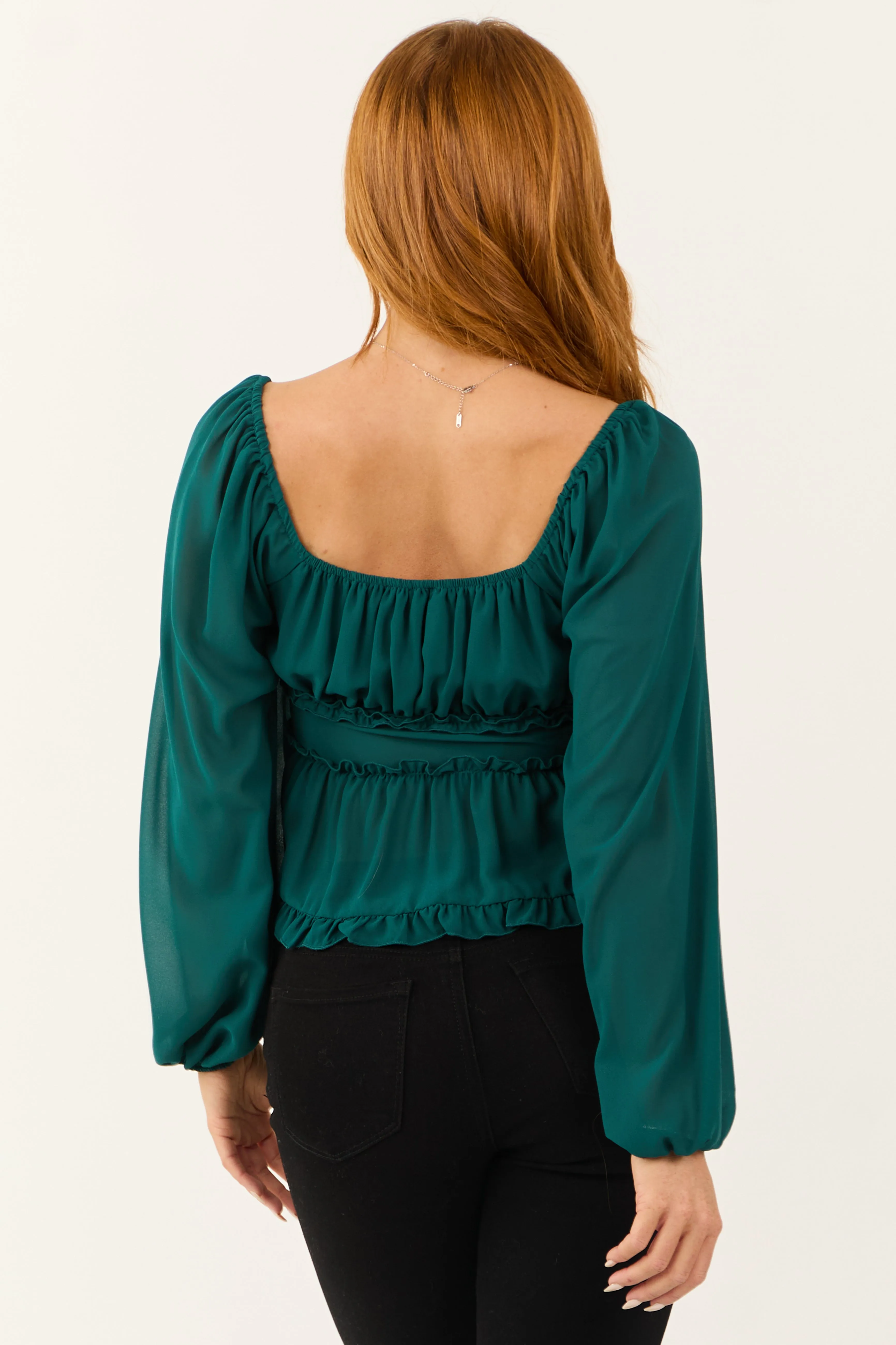 Pine Front Tie Long Bubble Sleeve Frill Trim Blouse sold by Lime Lush product image thumbnail 5