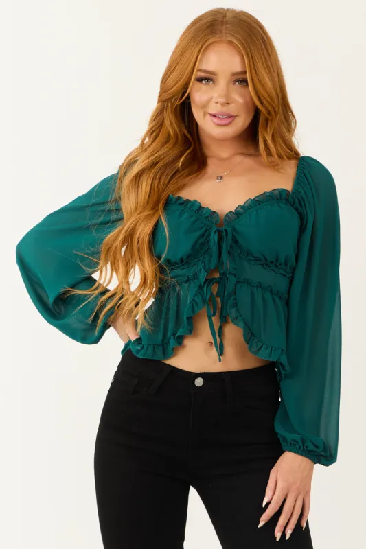 Pine Front Tie Long Bubble Sleeve Frill Trim Blouse sold by Lime Lush
