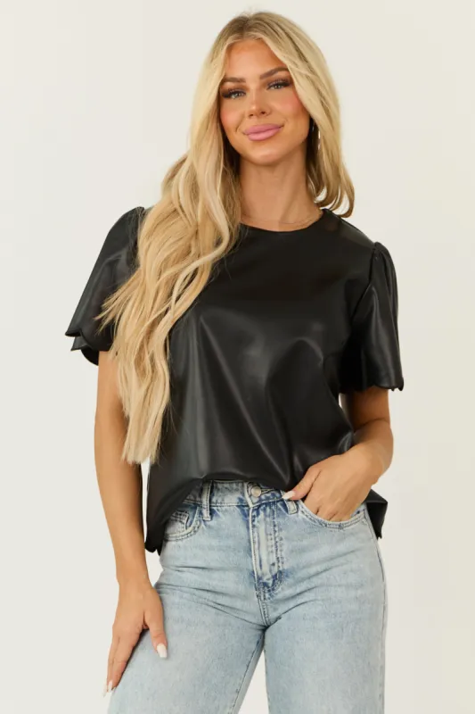 Black Faux Leather Scalloped Short Sleeve Top sold by Lime Lush