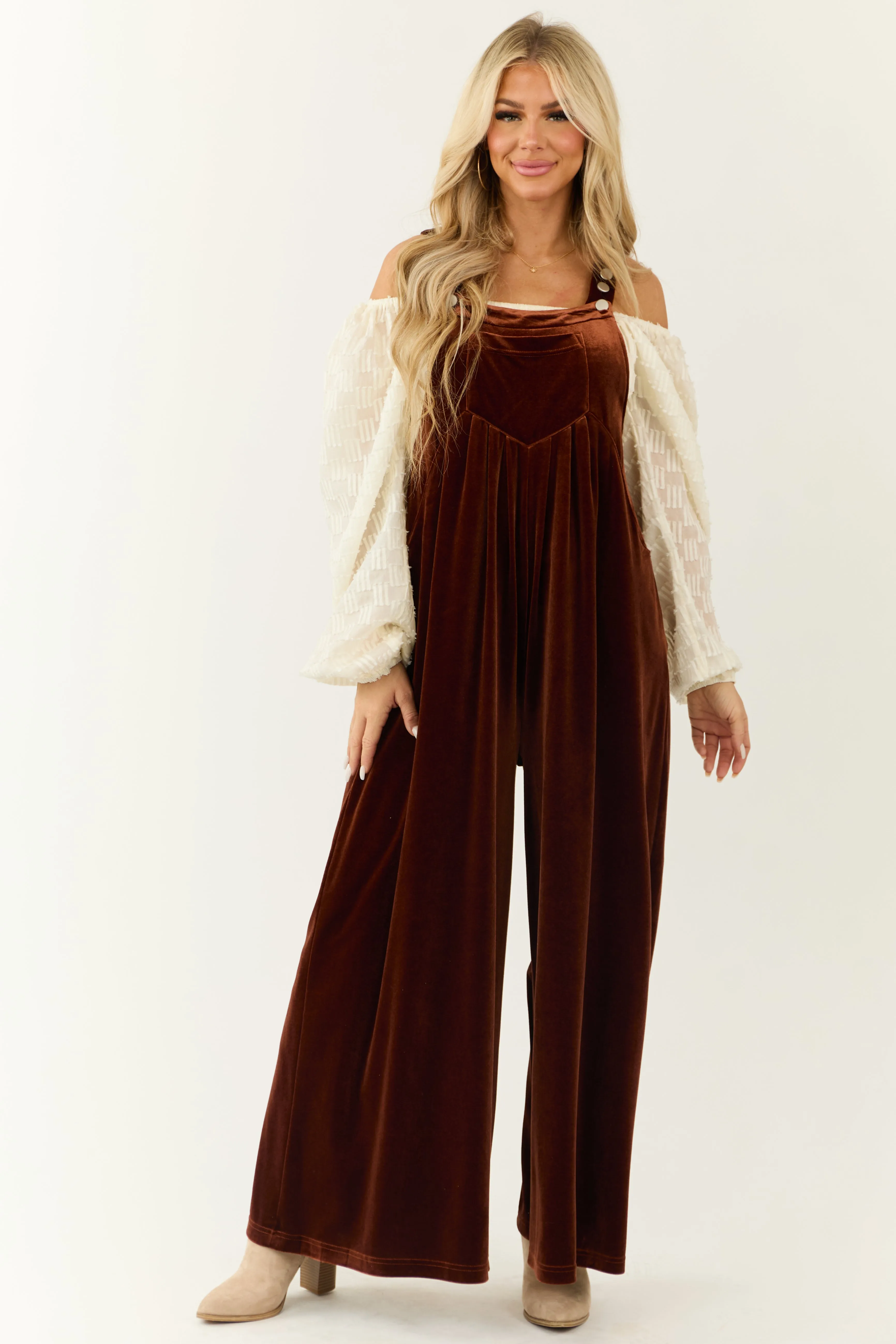 Spice Velvet Wide Leg Overall Jumpsuit sold by Lime Lush product image thumbnail 2