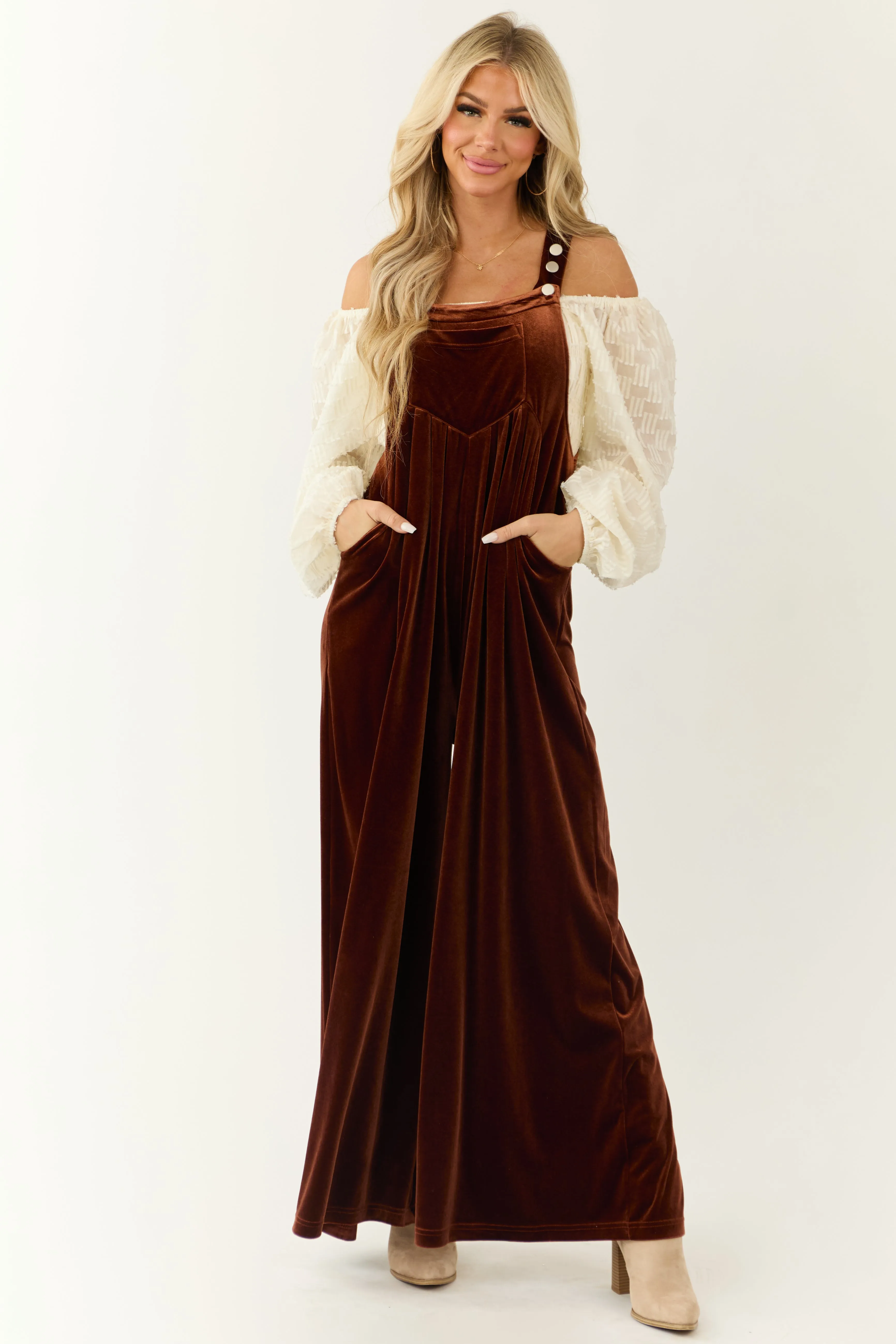 Spice Velvet Wide Leg Overall Jumpsuit sold by Lime Lush