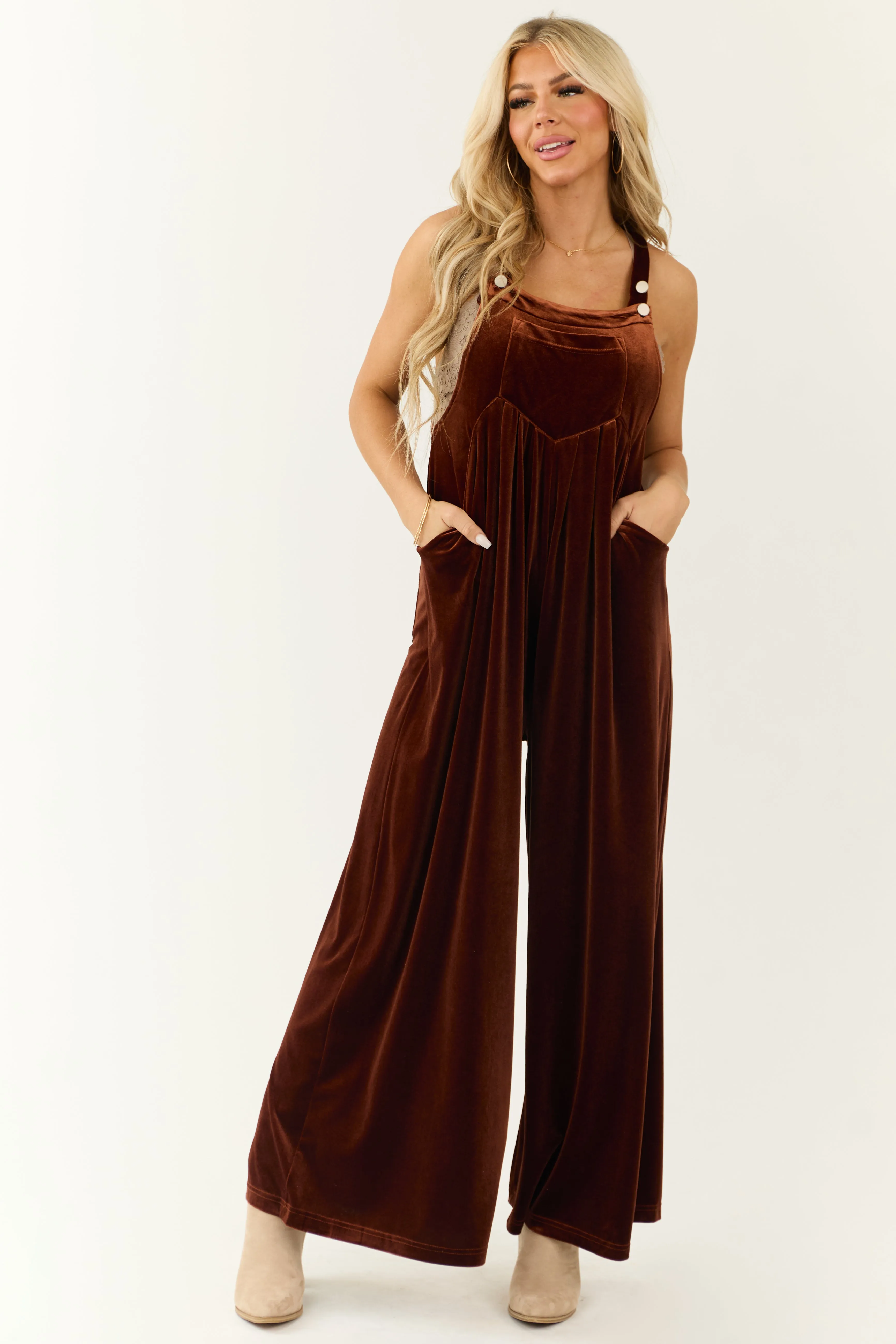 Spice Velvet Wide Leg Overall Jumpsuit sold by Lime Lush product image thumbnail 3