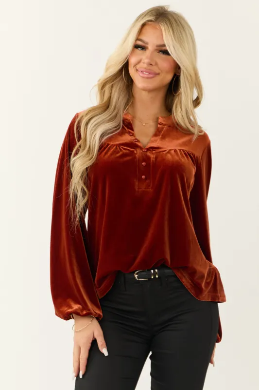 Burnt Orange Velvet Long Sleeve Blouse sold by Lime Lush