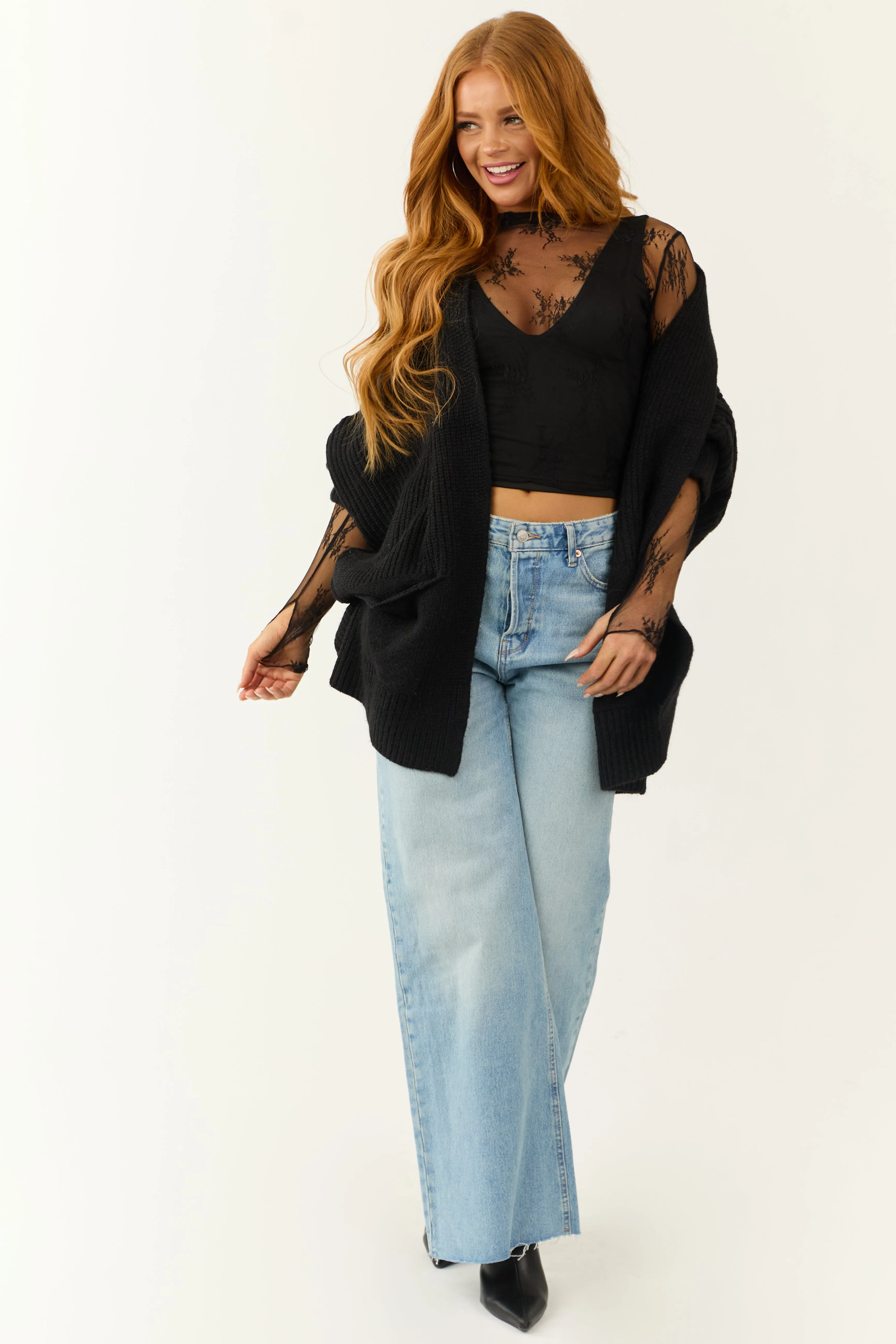 Black Long Sleeve High Neck Thumbhole Floral Mesh Top sold by Lime Lush product image thumbnail 4