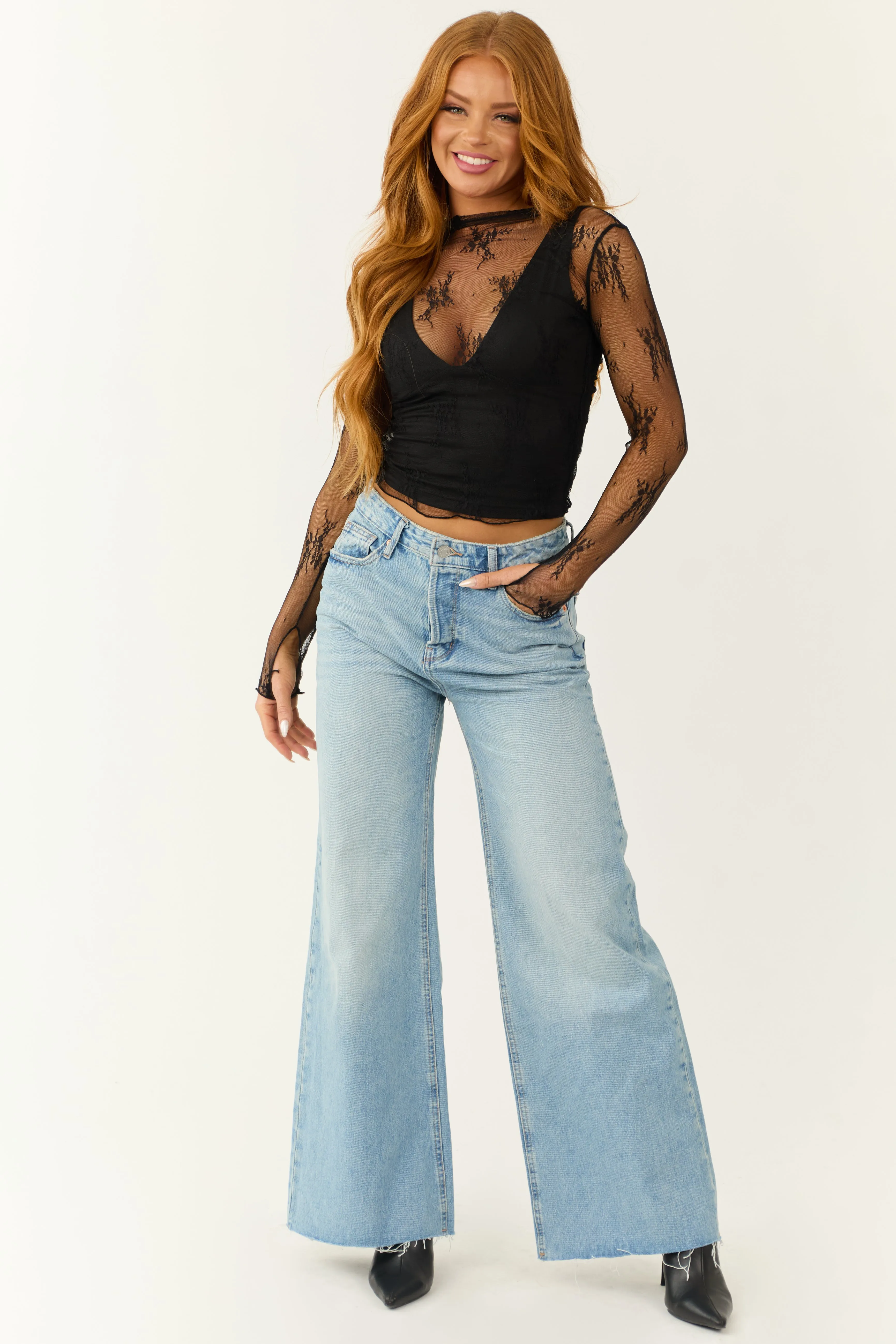 Black Long Sleeve High Neck Thumbhole Floral Mesh Top sold by Lime Lush product image thumbnail 3