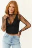 Black Long Sleeve High Neck Thumbhole Floral Mesh Top sold by Lime Lush