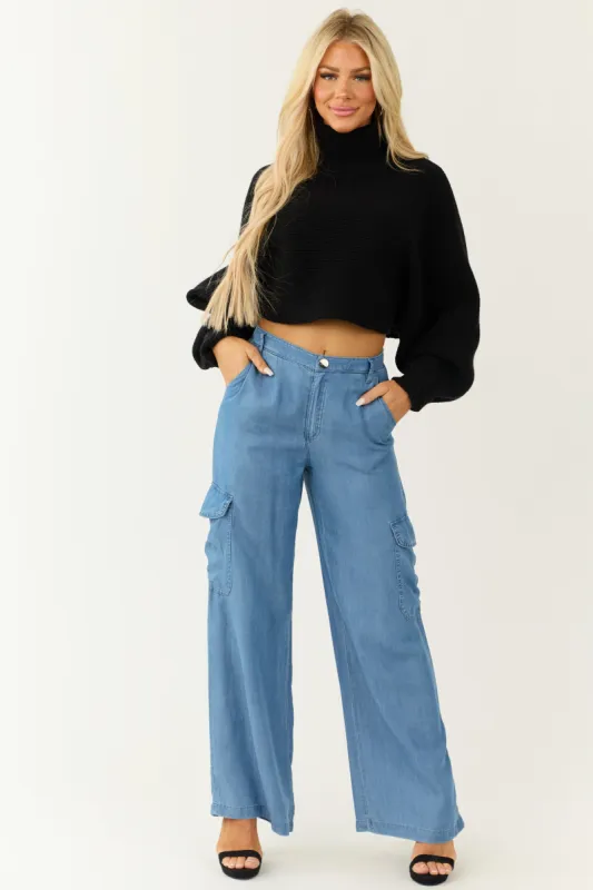 Medium Wash Wide Leg Cargo Lightweight Pants sold by Lime Lush
