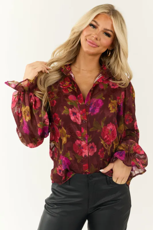 Flying Tomato Marsala Floral Print Button Top made by Flying Tomato