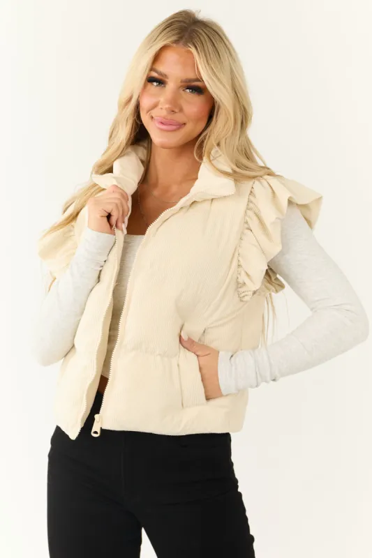 Cream Corduroy Ruffle Sleeve Puffer Vest sold by Lime Lush