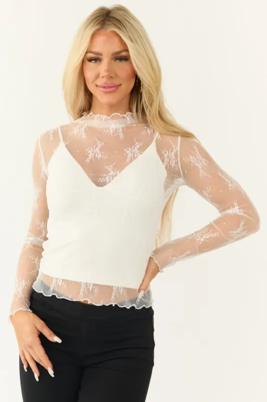 Ivory Long Sleeve High Neck Thumbhole Floral Mesh Top sold by Lime Lush