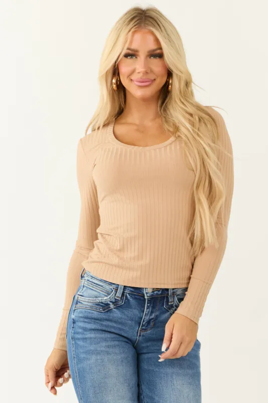 Nude Long Sleeve V Neck Ribbed Grain Top sold by Lime Lush
