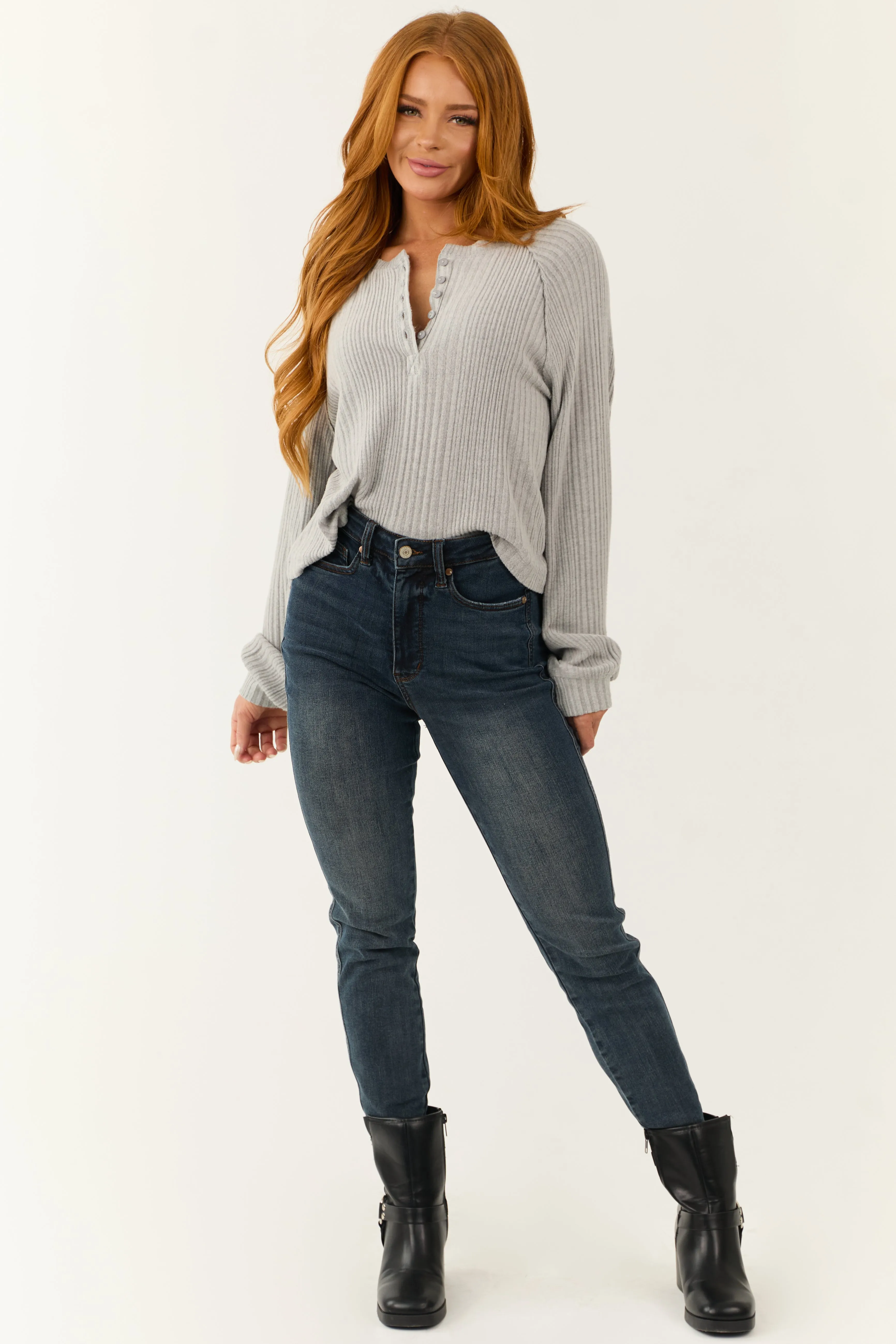Light Slate Henley Ribbed Long Sleeve Top sold by Lime Lush product image thumbnail 4