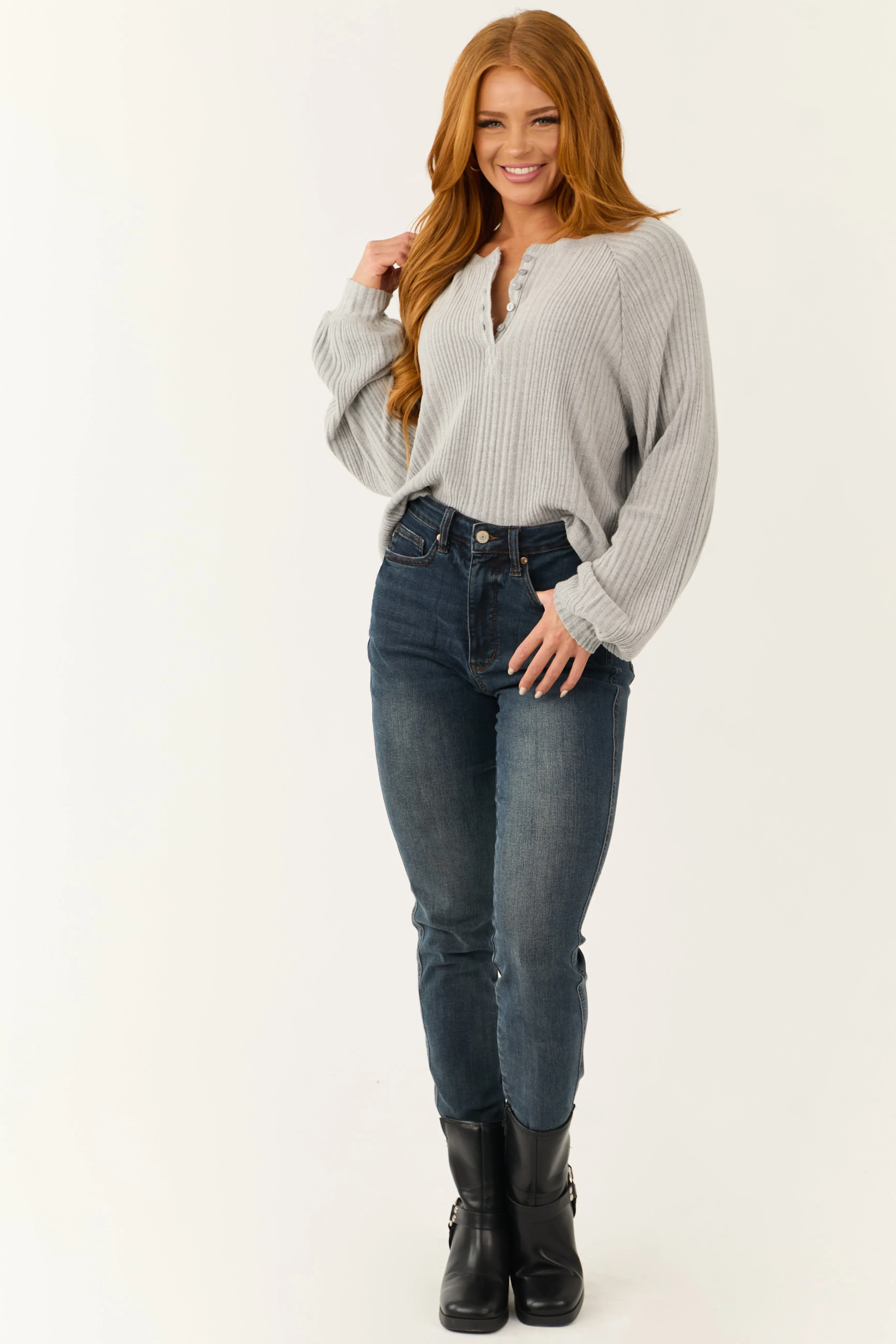 Light Slate Henley Ribbed Long Sleeve Top sold by Lime Lush product image thumbnail 2